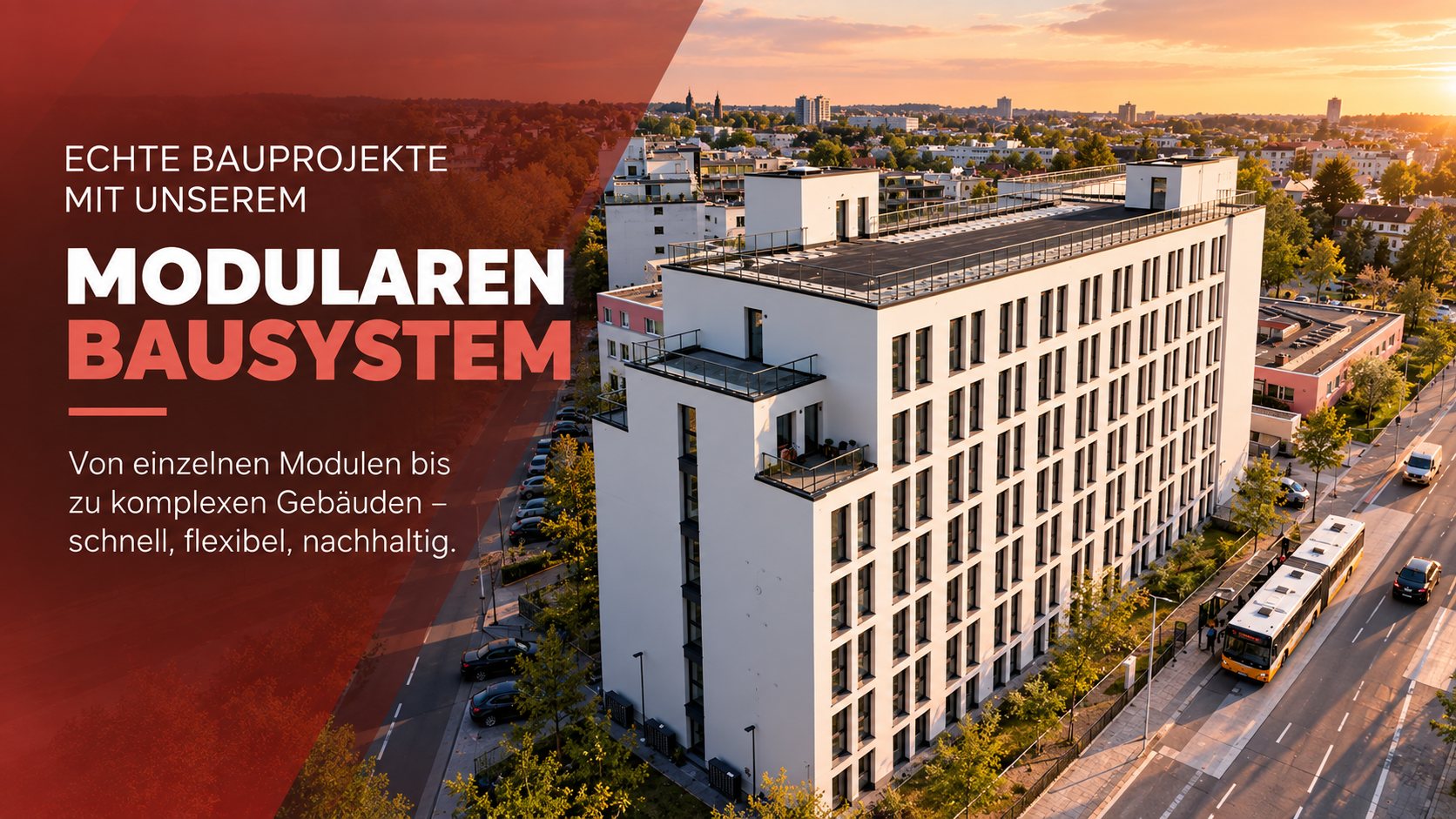Echte Bauprojekte mit unserem modularen Bausystem: von einzelnen Modulen bis zu komplexen Gebäuden, schnell, flexibel, nachhaltig. Luftbild eines fertigen Wohngebäudes.