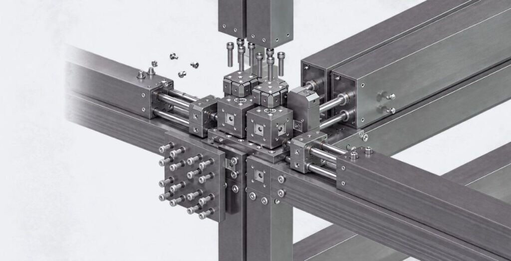 Steel frame in the Pacarada Modular Building System: columns and beams are bolted together at the Cube